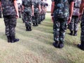 Rear view of a group of soldiers standing in line outdoors on the lawn