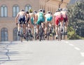 Rear view of a group of triathlete cyclists