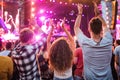 Rear view of group of young friends dancing at summer festival. Royalty Free Stock Photo