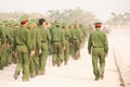 Rear view, a group of Young Vietnamese soldier walking on the street during site visit program of Vietnamese military academies.