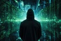 Rear view of hacker in hoodie looking at night city with binary code, Anonymous hacker, surrounded by a network of glowing data,