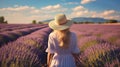 Rear view, Happy woman with hat walking through in lavender flowers field, Travel nature concept