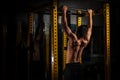 Rear view of healthy muscular young man with his arms stretched out, Strong athletic man fitness model torso showing six pack abs, Royalty Free Stock Photo