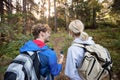 Rear view of hiking couple holding a compass and pointing forward Royalty Free Stock Photo