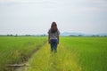 A woman standing and looking at a beautiful rice field with feeling relaxed and calm