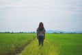 A woman standing and looking at a beautiful rice field with feeling relaxed and calm