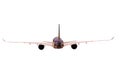 Rear view of jet plane flying isolated white background Royalty Free Stock Photo