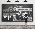 Rear view of a lady in formal clothes who is looking at the huge black chalk board with drawn icons about job search proc Royalty Free Stock Photo