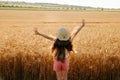 rear view of little kid girl with hat raise your hands up in wheat land Royalty Free Stock Photo