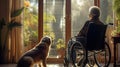Rear View Lonely elderly senior man in a wheelchair with his dog in nursing home looking out the window. Generative AI Royalty Free Stock Photo