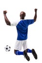 Rear view of male african american player celebrating soccer goal on white background Royalty Free Stock Photo