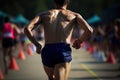 Rear view of a male athlete running at the finish line. A runner sprinting in a competitive race, AI Generated