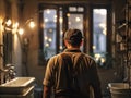 Rear view of male plumber worker in bathroom that needs renovation, generative ai