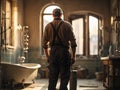 Rear view of male plumber worker in bathroom that needs renovation, generative ai