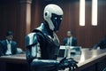 Rear view of a male robot sitting at a table in a conference room, A futuristic AI robot judge in a courthouse, AI Generated