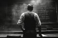 Rear view of a male science at a blackboard covered with chalk Royalty Free Stock Photo