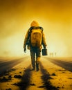 Rear view of a male wearing yellow jacket with a hood and big yellow backpack. Man walking by the dirt road carrying a can. Yellow Royalty Free Stock Photo