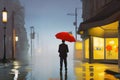 Rear view of man in black coat with umbrella walking in rain on city street in evening.