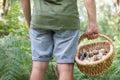 rear view man carrying basket wild mushrooms