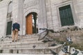 rear view of man climbing up stairs, pigeons flying near building