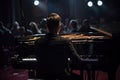 Rear view of a man playing the piano in a concert hall, A pianist playing a grand piano with passion and expertise, AI Generated Royalty Free Stock Photo