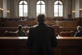 Rear view of a man sitting at the table in a courtroom, A court attorney lawyer full rear view inside court, AI Generated Royalty Free Stock Photo