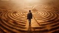 Rear view of a man standing in front of a round maze