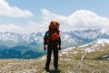 Rear view of a man tourist mountaineer Royalty Free Stock Photo