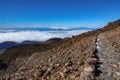 Rear view of many tourists trekking in teide track