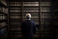 Rear view of a mature man standing in a library and looking at the books, Male lawyer full rear view in front of a low book