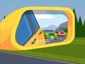 Rear view mirror. Car reflection side driving symbols outdoor vehicle safety mirror garish vector illustration in flat