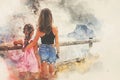 Rear view mother hug daughter family traveling admiring nature views. Travel and tourism concept