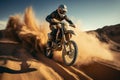 Rear view of a motocross rider jumping in the desert Royalty Free Stock Photo