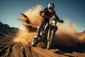 Rear view of a motocross rider jumping in the desert