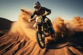 Rear view of a motocross rider jumping in the desert