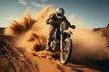 Rear view of a motocross rider jumping in the desert