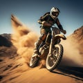Rear view of a motocross rider jumping in the desert