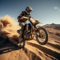 Rear view of a motocross rider jumping in the desert