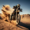 Rear view of a motocross rider jumping in the desert