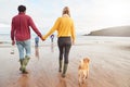 Rear View Of Multi-Cultural Family With Pet Dog Walking Along Beach Shoreline On Winter Vacation