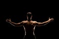 Rear view of muscular man with outstretched arms isolated on black background Royalty Free Stock Photo