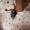 Rear view muscular man practicing rock-climbing on rock wall indoors Royalty Free Stock Photo