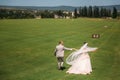 Rear view, newlyweds are walking along the green field of the golf club on a wedding day. The bride and groom in wedding Royalty Free Stock Photo