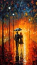 Rear view of oil painting of couple that is walking in the park. Beautiful illustration picture. Generative AI