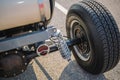 Rear view of old vintage customized hot rod car wheel and other parts Royalty Free Stock Photo