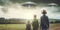 Rear view of paranoid family wearing tinfoil hats and looking at ufo in the sky, concept of Alien invasion anxiety