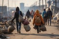 Rear view of people fleeing with their few belongings