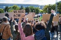 Rear view of people with placards and posters on global strike for climate change. Royalty Free Stock Photo