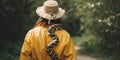 Rear view of a person dressed in a full beekeeper outfit, walking their pet snake, concept of Unlikely companionship