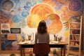 Rear view of a person sitting at a desk in an art therapy studio, contemplating a wall filled with colorful neurographic